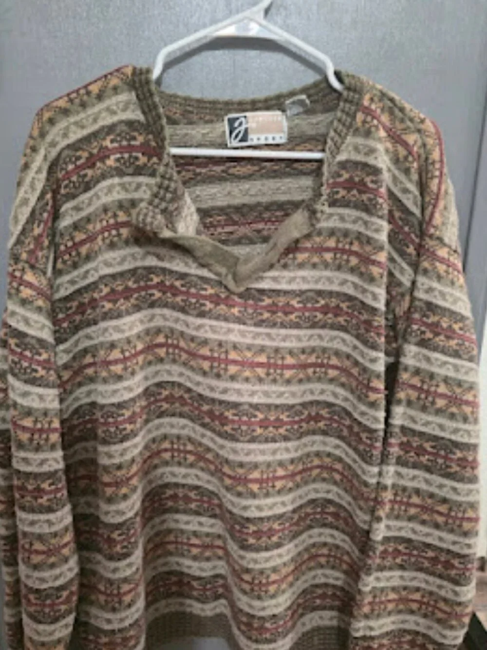 Vintage Jantzen Sport Knit Sweater Size L Brown Fair Isle Striped Cotton Acrylic